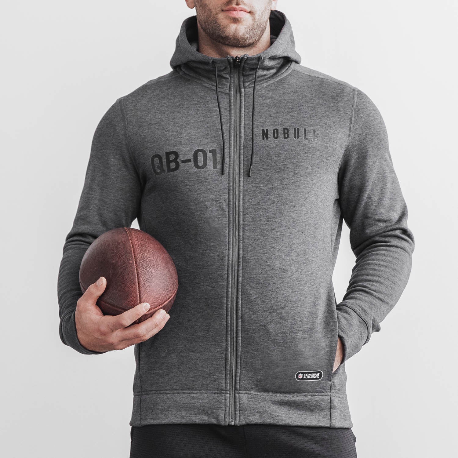 NOBULL - Men's NFL Combine QB1 Zip-Up Hoodie - Charcoal - Size Large